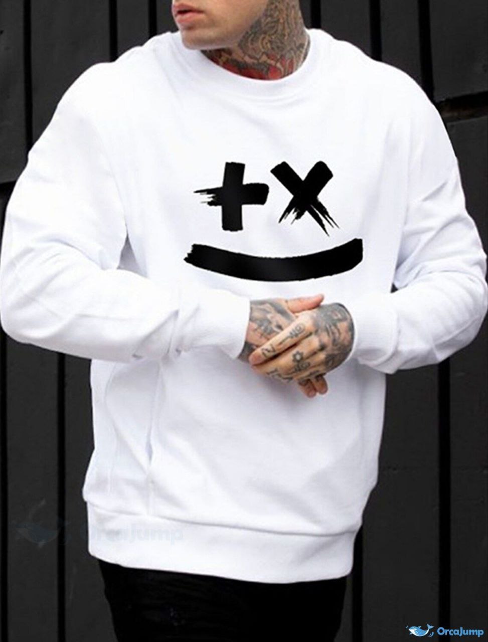 Men’s White Graphic Sweatshirt | Stylish Smile Face Printed Pullover for Streetwear & Casual Outfits