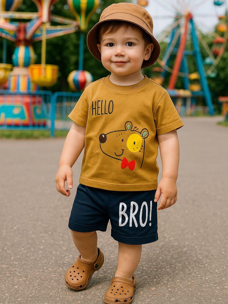 Cute “Hello Bro” Printed Summer Outfit Set for Boys – T-Shirt & Shorts Combo