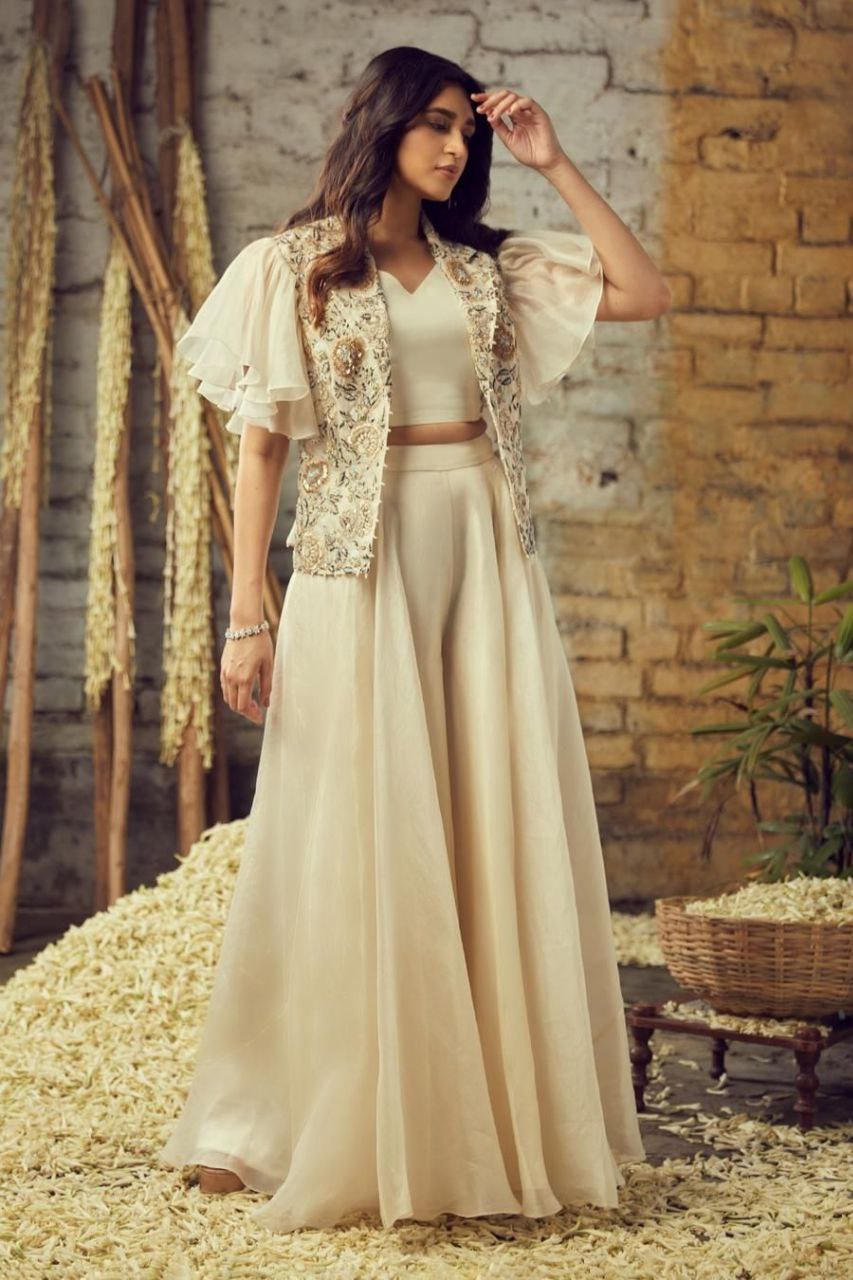 Ivory Elegance Layered Co-ord Set with Embroidered Cape