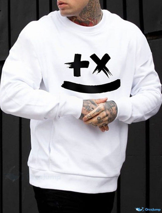 Men’s White Graphic Sweatshirt | Stylish Smile Face Printed Pullover for Streetwear & Casual Outfits