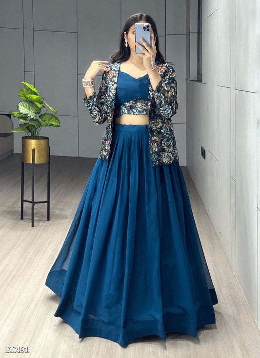 Elegant Teal Blue Lehenga Set with Floral Printed Jacket