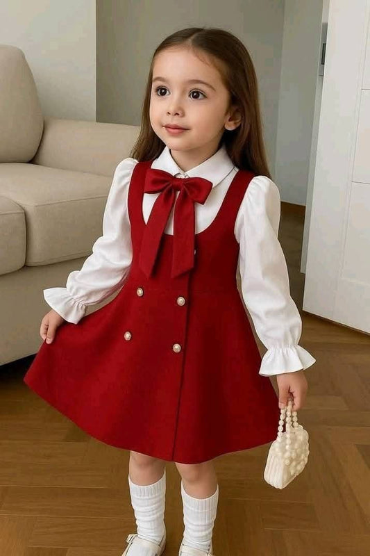 Adorable Red Bow A-Line Dress with White Shirt for Girls