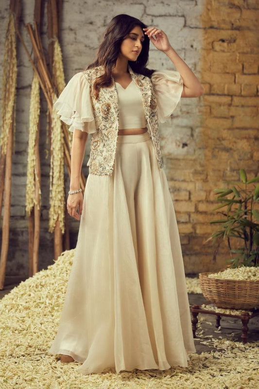 Ivory Elegance Layered Co-ord Set with Embroidered Cape